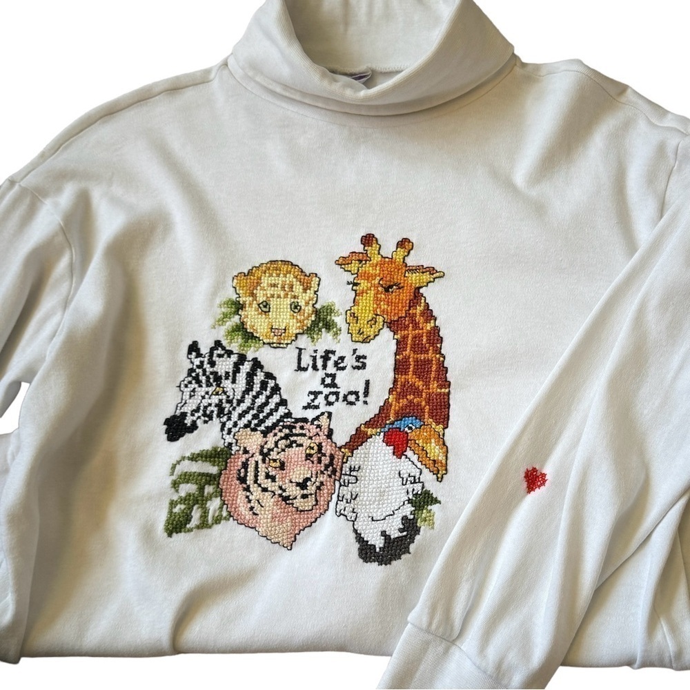 Vintage Needlepoint "Life's a Zoo" Animal Turtleneck, Size XS